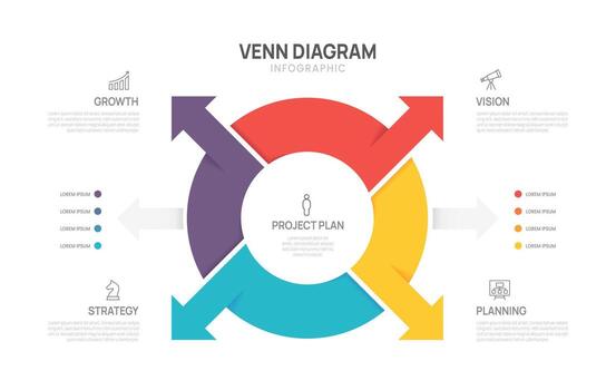 Venn diagram business infographic arrow circle chart template 4 options, presentation with venn diagram elements illustration. vector