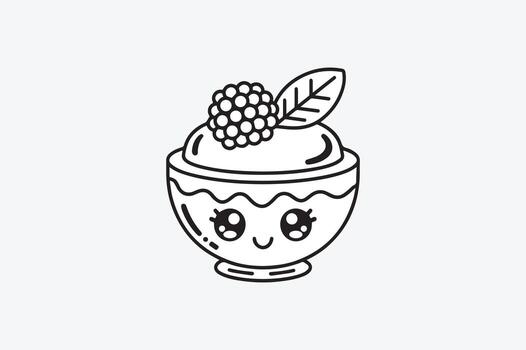 Kawaii Dessert Bowl with Smiling Face and Raspberry Topping Black and White Line Art Isolated on White vector