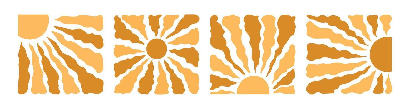 set of clean abstract sun designs featuring bold wavy rays in a groovy retro style vector