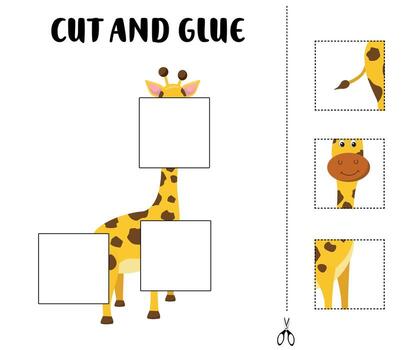 cortar y pegamento hoja de cálculo presentando un sonriente jirafa con desaparecido cuadrícula para niños a cortar, fósforo, y pegar vector