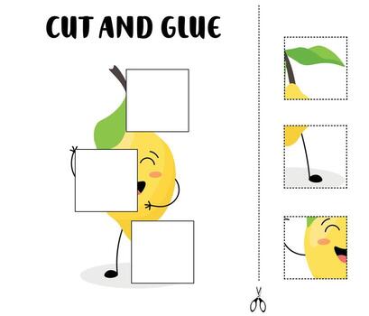 Cut and glue worksheet featuring a cheerful lemon with three missing parts for children to cut, match, and paste vector
