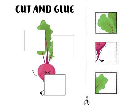 Cut and glue worksheet featuring a smiling beet with leafy greens and square cutouts for kids to match and paste vector
