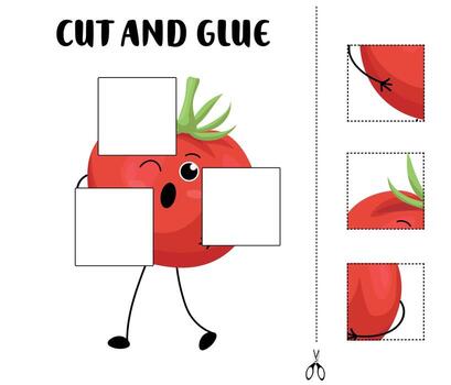 Cut and glue worksheet featuring a happy tomato with square cutouts for children to match and paste vector