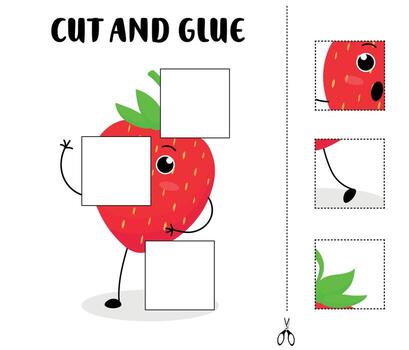 Cut and glue worksheet featuring a smiling strawberry with missing parts for kids to match and paste, vector