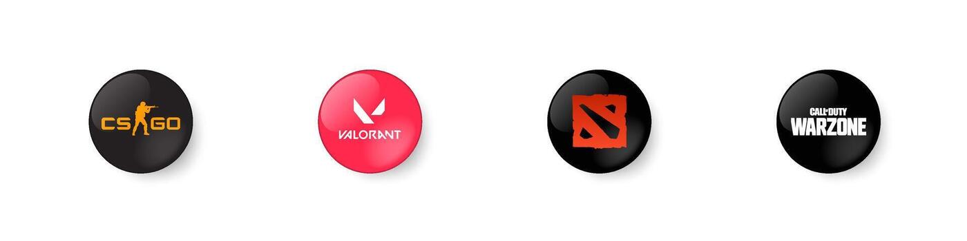 CSGO, Valorant, Dota 2, Call of Duty Warzone game logo shiny button. Editorial illustration vector