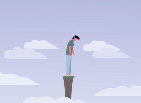 Man standing on a pedestal in the sky with clouds around. Depression Concept. vector