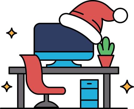 A computer desk with a computer monitor, a chair, and a potted plant vector