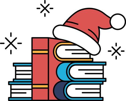 A stack of books with a hat on top of them vector