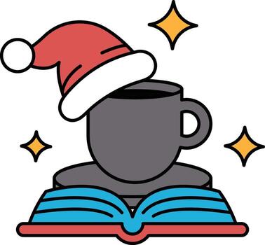 A cup is on top of an open book with a hat on top of the cup vector