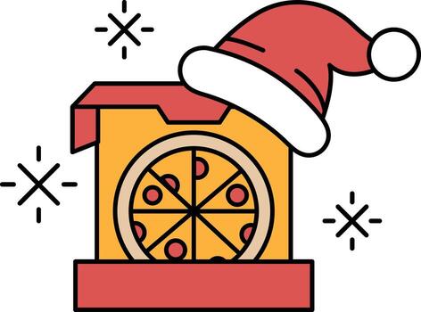 A pizza is inside a box with a hat on top of it vector