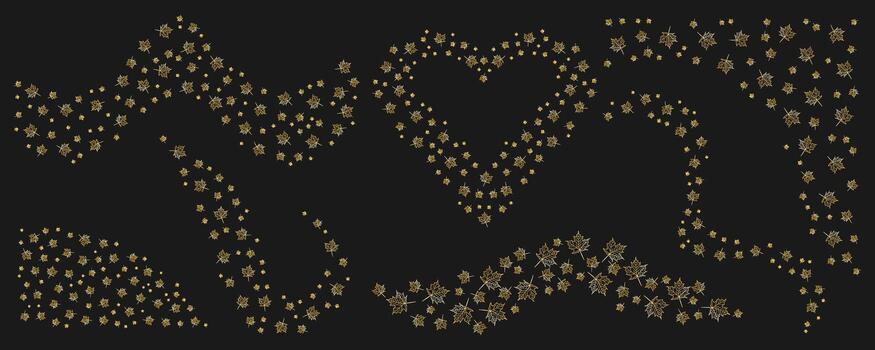 Set of golden autumn maple leaves forming heart and wave patterns on dark background. Cozy, elegant fall design for seasonal greeting card, invitation, poster or print vector