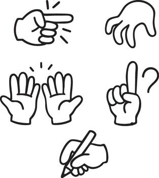 Cartoon Hand Gesture Icon Set Pointing Asking and Writing Line Art Graphics vector