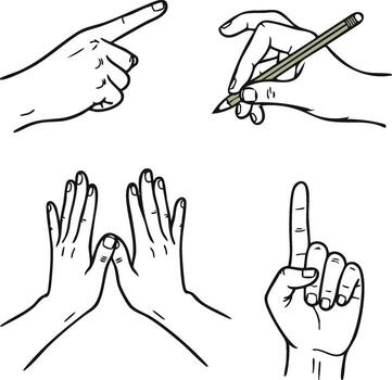 Line Art Hand Action Vectors Set Pointing Writing Clapping and Index Finger Gestures