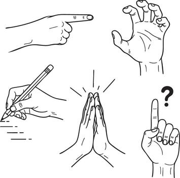 Detailed Hand Gesture Icon Set Pointing Writing Clapping and Question Line Art vector