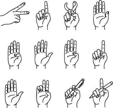 Hand Gestures and Count Icon Set Line Art Fingers Palm and Object Holding Symbols vector