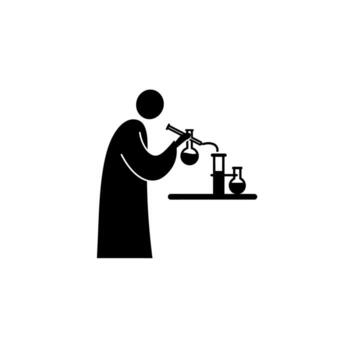 Scientist conducting experiment in laboratory with beakers and flasks for research. vector