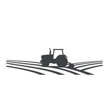 Silhouette of a tractor plowing a field with curved rows. vector
