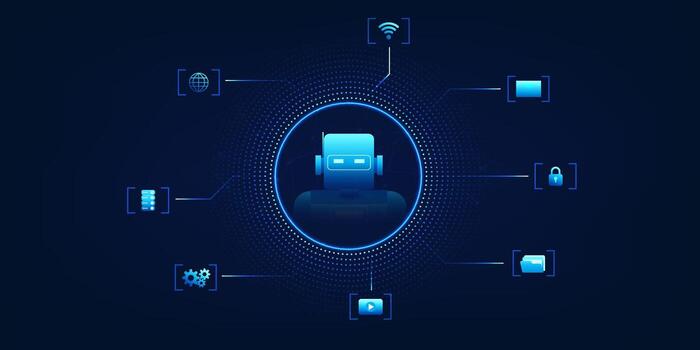 AI robot at the center of a connected circle, linked with command icons, representing intelligent automation and AI-powered control systems vector