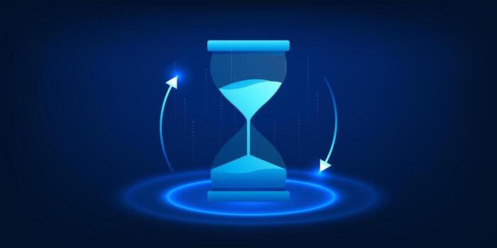 Futuristic digital hourglass surrounded by rotating arrows, symbolizing time flow, technological evolution, and continuous progress in the digital era vector