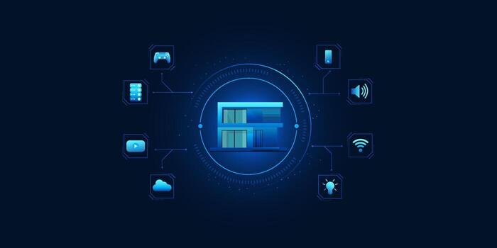 Smart home inside a technology circle connected with IoT system icons, representing automated home control and intelligent living vector