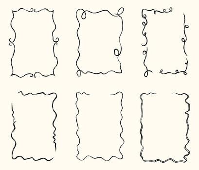 Whimsical hand drawn wavy frames and borders in playful doodle sketch style with crayon texture, imperfect freehand lines for decorative design. Flat illustration isolated on background. vector