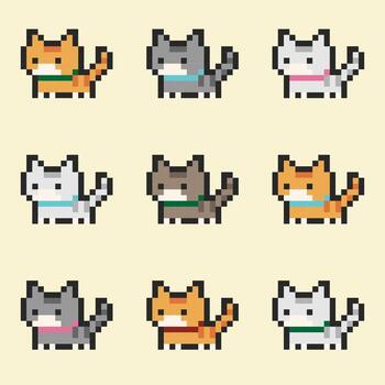 Pixel art of a cute kitten on a white background. Retro illustration of a pixel cat on a light background vector