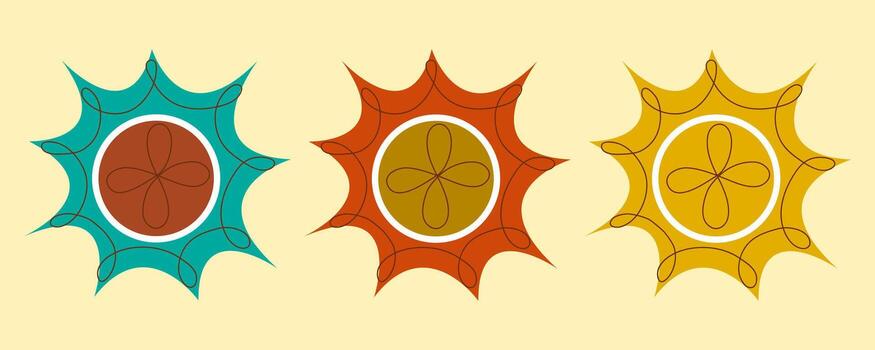 Set with multicolored sun icons in one line on light background. Abstract illustration of high temperature and summer travel symbol vector