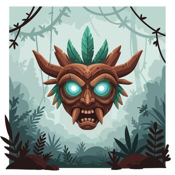 Mysterious tribal mask with glowing eyes emerges from dense jungle mist, ancient power within. vector