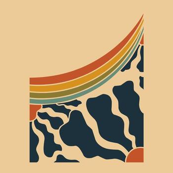 Abstract retro artwork with a sweeping rainbow arc in warm orange, mustard, and green tones over dark navy organic shapes and a setting sun, creating a bold geometric yet fluid composition vector
