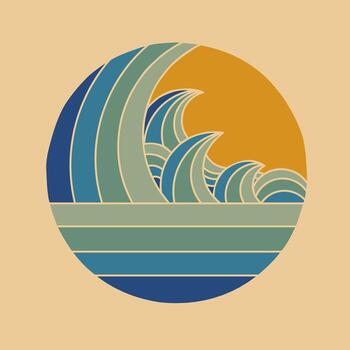Circular Retro Wave Sunset Design With Abstract Ocean Waves In Soft Tones vector