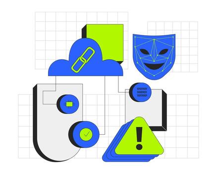 Cloud security and threat detection 2D onboarding ui illustration. Binary code, face recognition complete, microchip, risk management cartoon concept isolated on white. Flat abstract metaphor vector