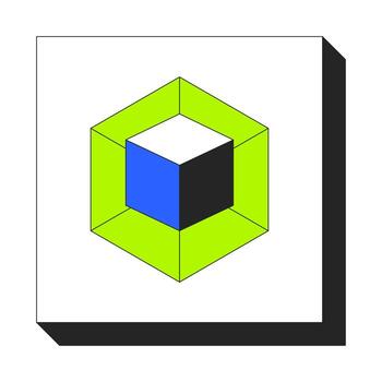 Isometric 3D cube in framed display 2D cartoon object. Geometric structure, modularity. Creative block. Modular shape. Geometry isolated element flat clip art on white. Spot illustration vector