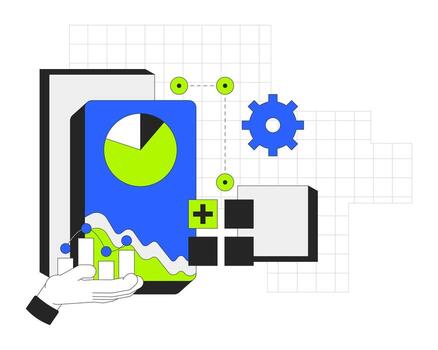datos visualización 2d inducción ui ilustración. visual analítica. mejoramiento gráfico grafico. Operacional herramientas. negocio inteligencia dibujos animados concepto aislado en blanco. plano resumen metáfora vector