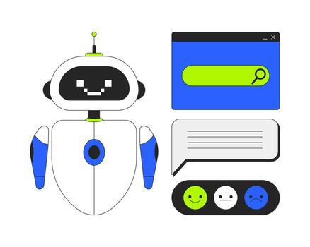 AI chatbot with search bar and feedback interface 2D cartoon objects set. Customer bot, emoticons, chat bubble isolated elements flat clip arts on white. Spot illustrations collection vector