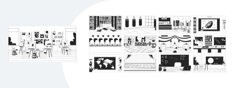 School classroom and learning backgrounds outline illustrations mega bundle. Library, science lab, gym, art room, classes 2D linear images isolated. Collection black and white drawings vector
