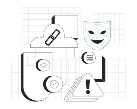 nube seguridad y amenaza detección línea inducción ui ilustración. binario código, cara reconocimiento completo, pastilla, riesgo administración contorno 2d concepto aislado. tinta lineal metáfora Arte vector