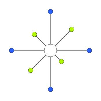 Radial network node diagram 2D cartoon object. Connectivity, communication. Visual data. Simple central circle connected with dots isolated element flat clip art on white. Spot illustration vector