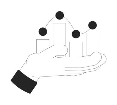 Hand holding analytics bar graph dots outline illustration. Data growth support with barchart. Financial uplift. Strategic analysis isolated 2D image black and white. Linear drawing clip art vector