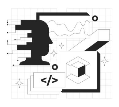 web desarrollo línea inducción ui ilustración. tecnología impulsado algoritmo, codificación. artificial inteligencia y datos ciencia, programación contorno 2d concepto aislado. tinta lineal metáfora Arte vector