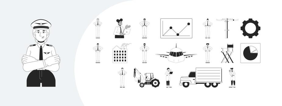 Diverse women in male dominated careers outline illustrations mega bundle. Empowered females as pilot, manager, scientists 2D linear images isolated. Collection black and white drawings vector