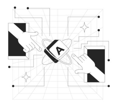 Digital library access line onboarding ui illustration. Hands reaching out from portals toward floating keyboard key with orbits outline 2D concept isolated. Ink linear metaphor art vector