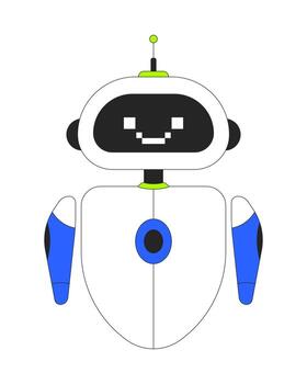 Friendly AI robot with pixelated smile 2D cartoon character. Artificial intelligence robotics cute. Customer bot, chatbot flat personage isolated on white. Spot illustration colorful vector