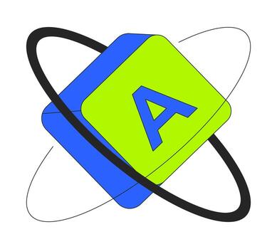Language block with atomic orbit 2D cartoon object. Computer keyboard key with letter A and orbiting rings. Digital alphabet isolated element flat clip art on white. Spot illustration vector