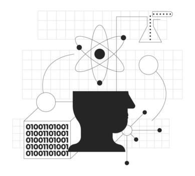 datos Ciencias línea inducción ui ilustración. física educación, laboratorio investigación. científico cabeza silueta con ai y binario código contorno 2d concepto aislado. tinta lineal metáfora Arte vector