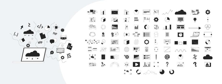 gráficos, cartas y datos visualización contorno ilustraciones mega manojo. programación codificación. analítica, digital análisis 2d lineal imágenes aislado. colección negro y blanco dibujos vector