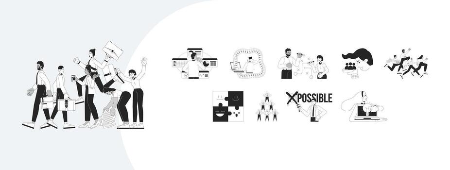 negocio administración y equipo colaboración contorno ilustraciones mega manojo. lluvia de ideas, datos análisis, sobrecargar Tareas 2d lineal imágenes aislado. colección negro y blanco dibujos vector