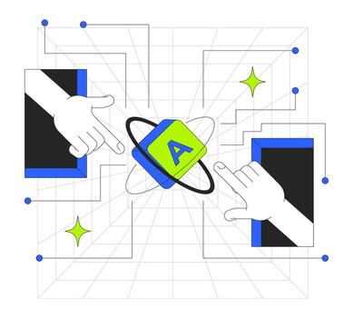 Digital library access 2D onboarding ui illustration. Hands reaching out from portals toward floating keyboard key with orbits cartoon concept isolated on white. Flat abstract metaphor vector