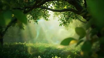luz solar brilhando através folhas do árvore dentro verão floresta às alvorecer video