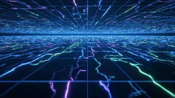 neon griglia animazione con fluente Linee la creazione di un' digitale paesaggio prospettiva video