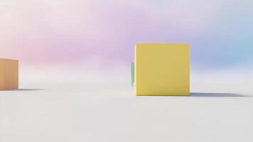 geel kubus resting Aan een wit oppervlakte met kleurrijk achtergrond Bij dag video
